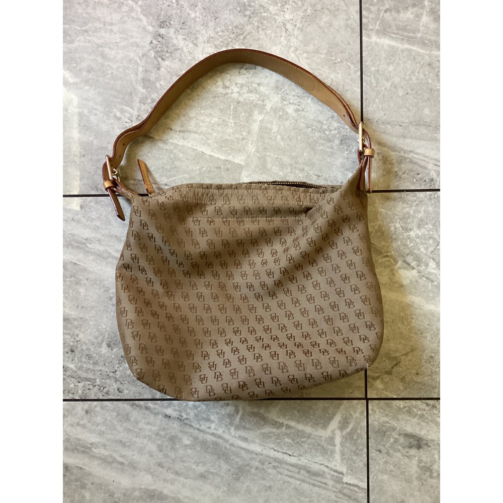 Dooney & Bourke Monogram Jacquard Hobo Bag Tan Vachetta Leather Trim